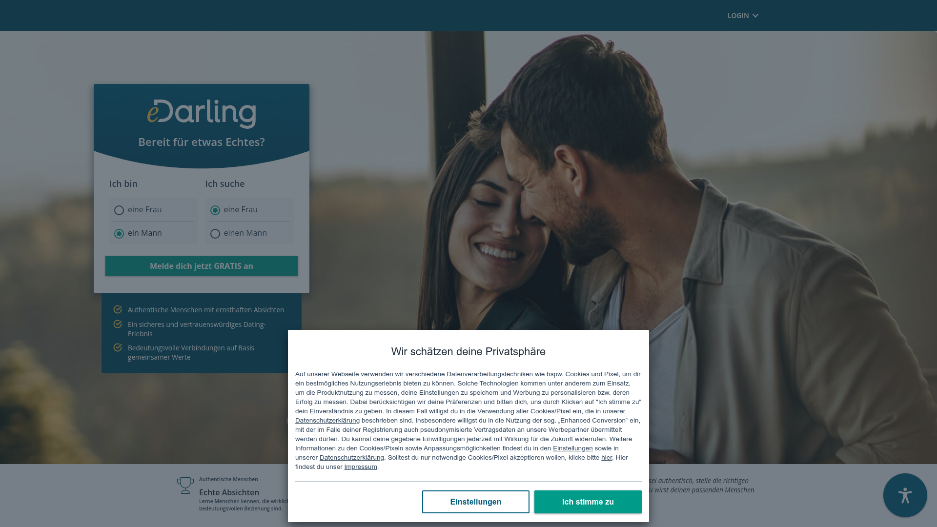 eDarling: Seriöse Partnervermittlung mit klarer Matching-Logik Homepage