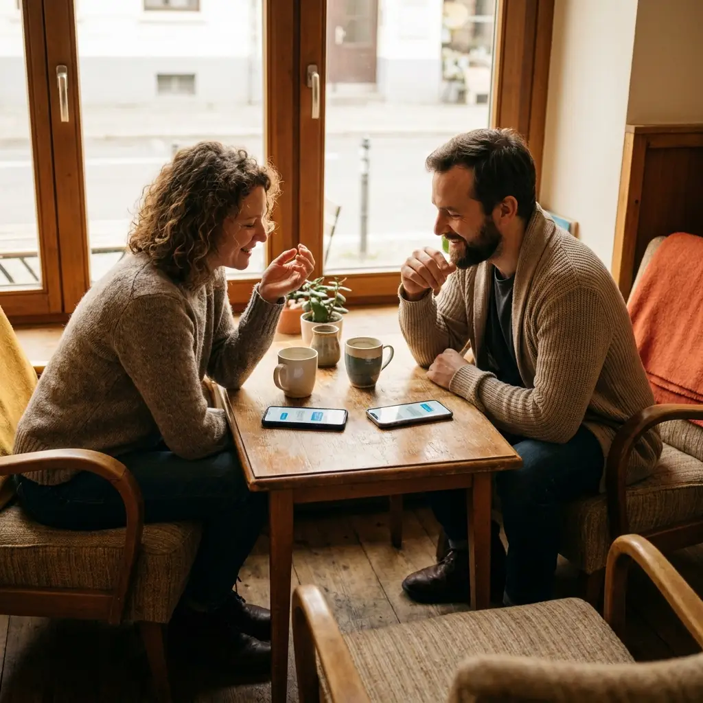 Zwei Erwachsene bei einem entspannten ersten Date in einem Café