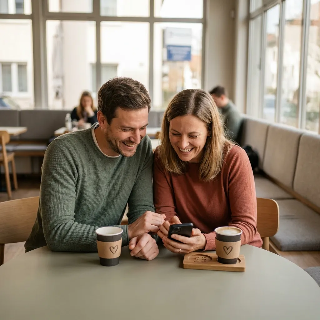 Zwei Erwachsene prüfen entspannt Nachrichten auf einer Dating-App