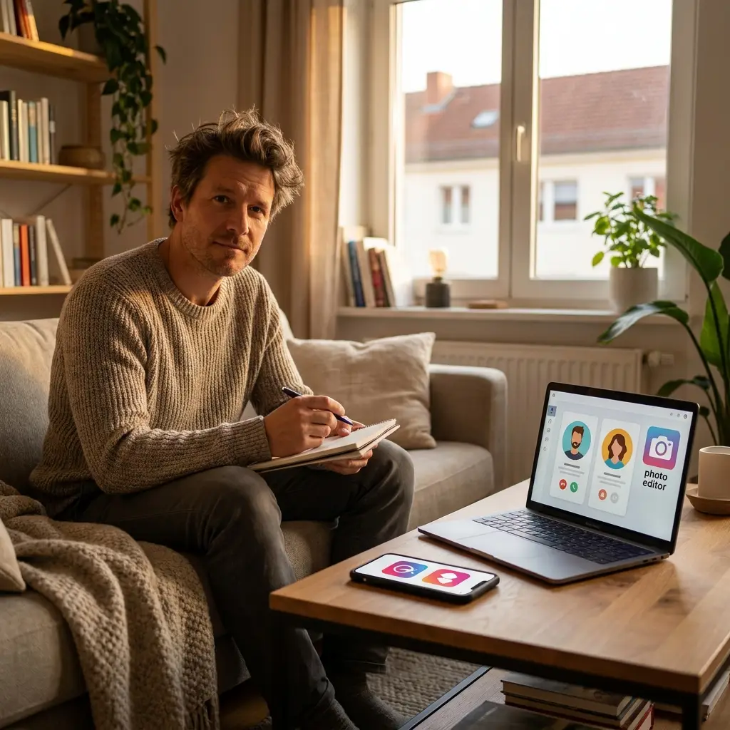 Vergleich von Dating-Portalen auf Smartphone und Laptop, entspannte Szene mit Erwachsenen beim Auswählen einer Plattform, warme natürliche Beleuchtung, realistische Texturen, moderner Wohnraum, kein Text im Bild
