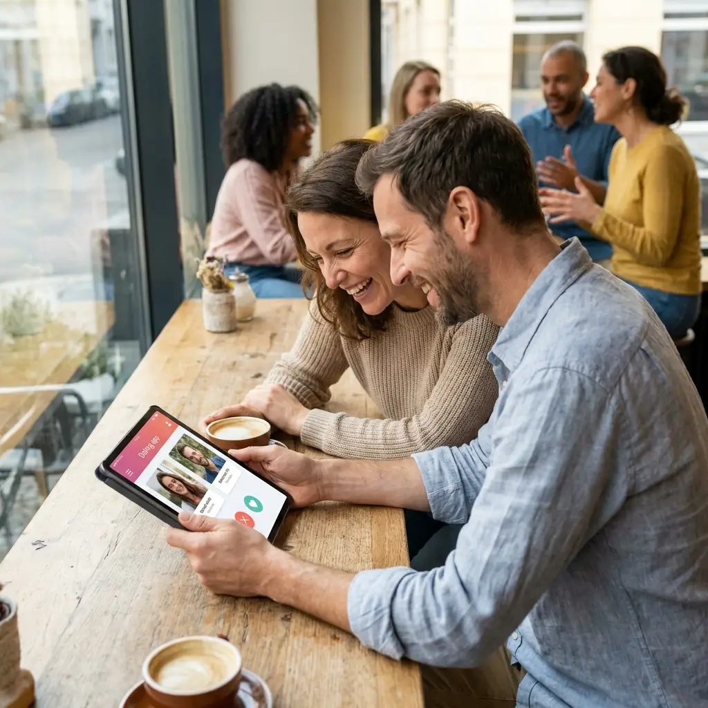 Singles beim Prüfen eines Dating-Profils auf dem Smartphone