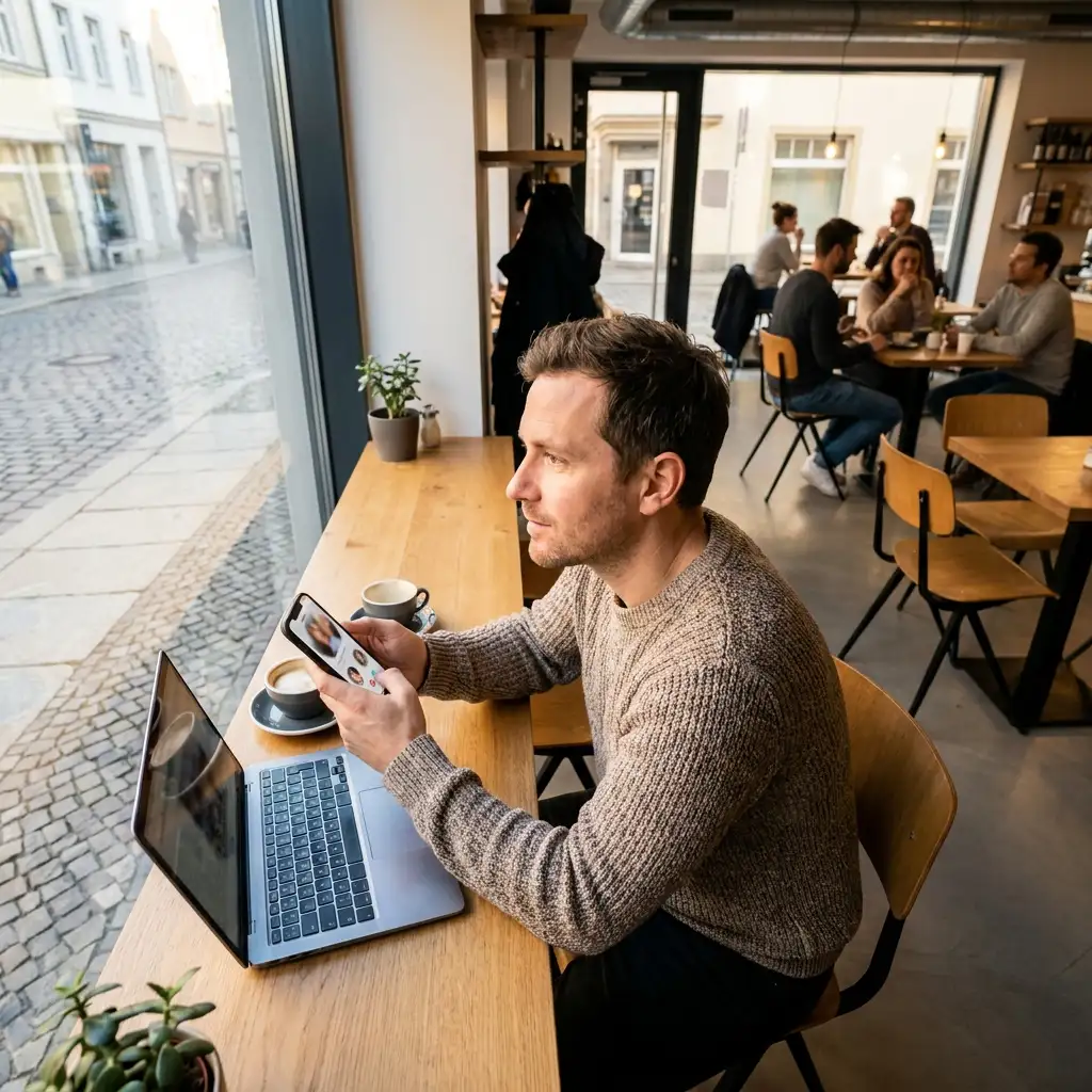 Single betrachtet aufmerksam ein Dating-Profil auf dem Smartphone bei natürlichem Licht